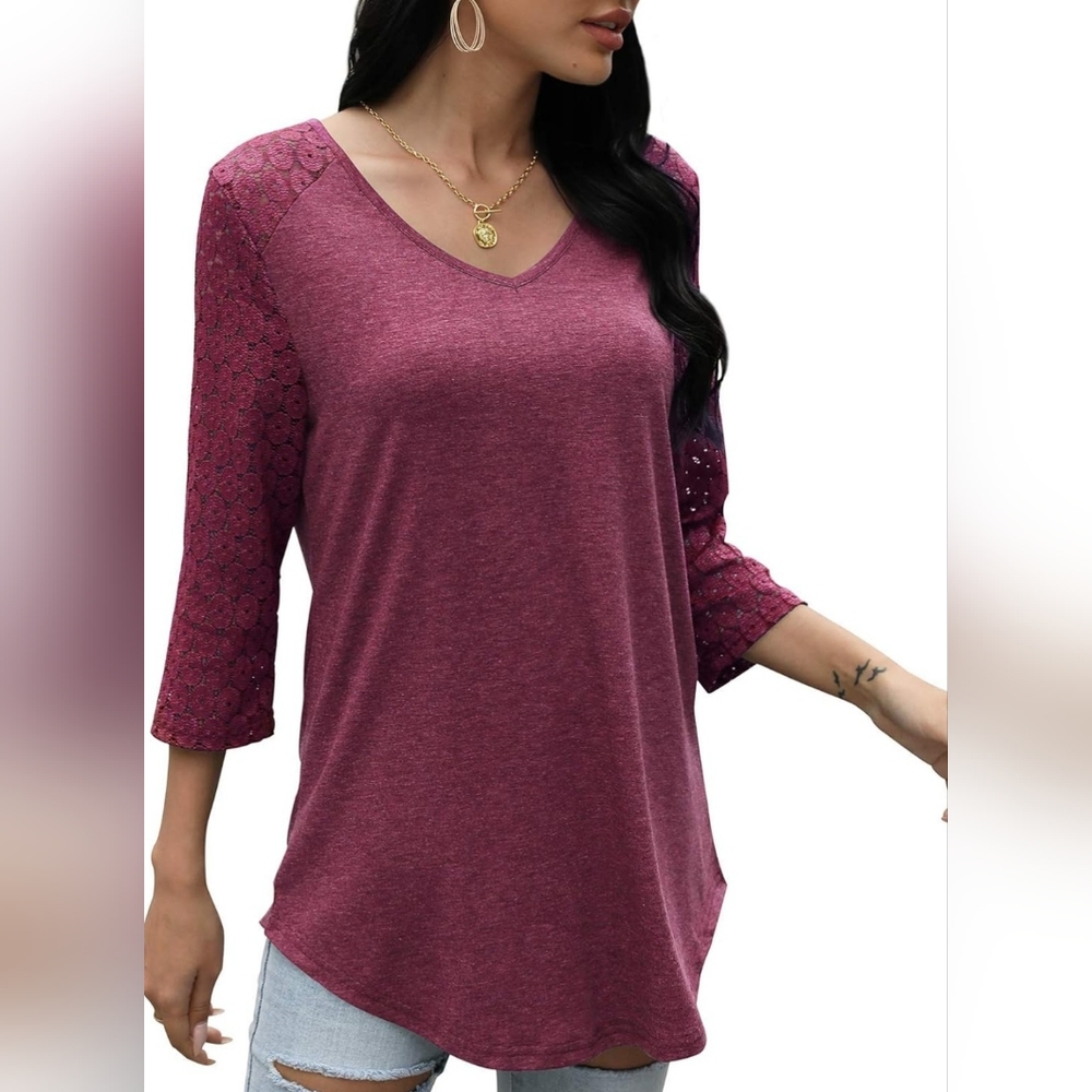 HOCOSIT Womens V-neck 3/4 Sleeve Lace - Picture 6 of 8